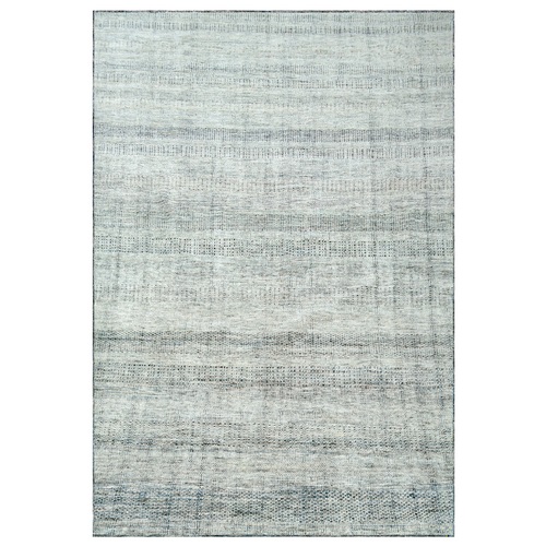 Cloud Gray with Imperial Blue, Oxidized and Distressed Grass Design, 100% Wool, Hand Knotted, Oriental Rug
