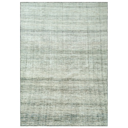 Pastel Gray with Navy Blue, Hand Knotted, Oxidized and Distressed Grass Design, Pure Wool, Oriental Rug
