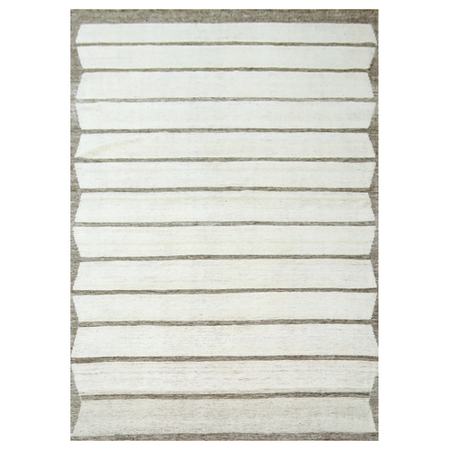 Linen Ivory, Moroccan Flat Weave and Pile with Wide Stripe Design, Tone on Tone, Hand Knotted, 100% Wool, Oriental Rug