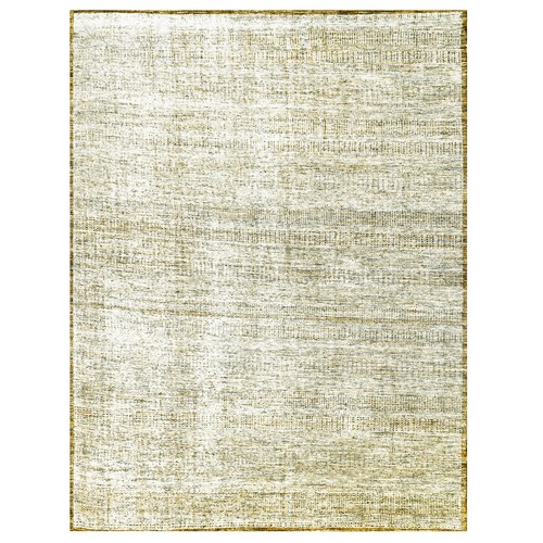Beige with Gold, Distressed and Oxidized Grass Design, Hand Knotted, Pure Wool, Oriental, Oversized, Rug