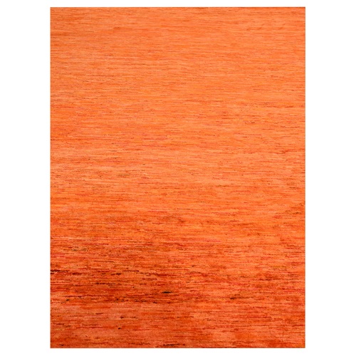 Vivid Orange, Soft Pile, Lush and Plush, Hand Knotted, Plain Solid Design, Pure Sari Silk, Oriental 