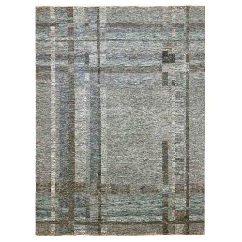 Barely Blue with Brown, Modern Geometric Opened Up Plaid Design, 100% Wool, Hand Knotted, Thick and Plush, Oriental 