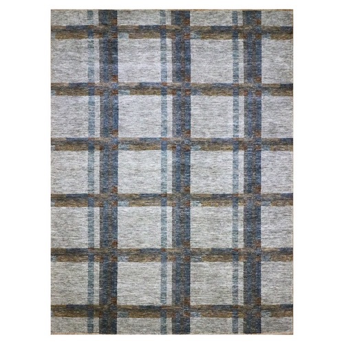 Pearl White with Brown, Modern Geometric Opened Up Plaid Design, Thick and Plush, Pure Wool, Hand Knotted, Oriental 