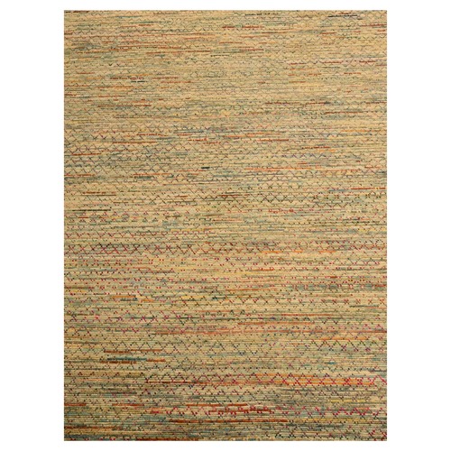 Beige, Wool and Sari Silk with Textured Weave, Modern Design, Hand Knotted, Oriental 