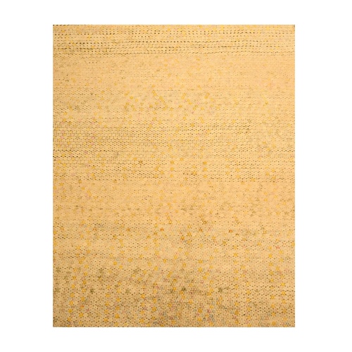 Beige with Golden Yellow, THE BUTTONS, Distressed Colors, Wool and Sari Silk, Hand Knotted, Soft to the Touch, Oriental 