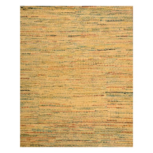 Golden Yellow, Striae Design with Chicken Wire Pattern, Wool and Sari Silk, Hand Knotted, Oriental 