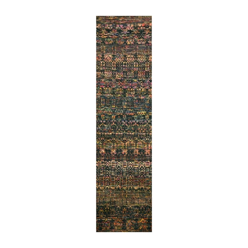 Caviar Black, Sari Silk and Wool, Geometric Pattern Combined with a Striae Design, Textured Pile, Hand Knotted, Runner, Oriental 
