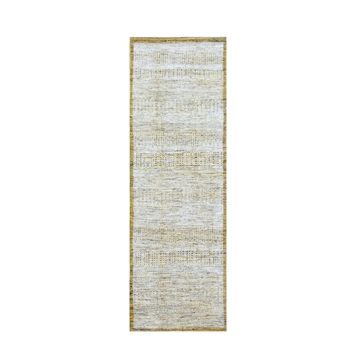 Golden Yellow, Oxidized and Distressed Grass Design with Exposed Warps, Hand Knotted, Natural 100% Wool, Runner, Oriental 