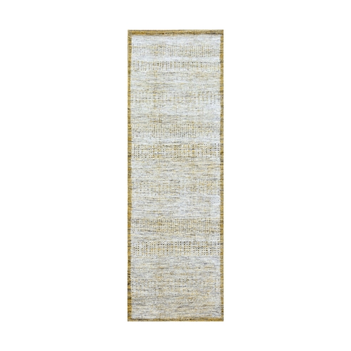 Golden Yellow, Oxidized and Distressed Grass Design with Exposed Warps, Natural Wool, Hand Knotted, Runner, Oriental 