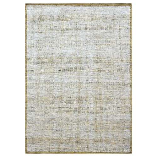 Golden Yellow, Oxidized and Distressed Grass Design with Exposed Warps, Hand Knotted, Pure Wool, Oriental 