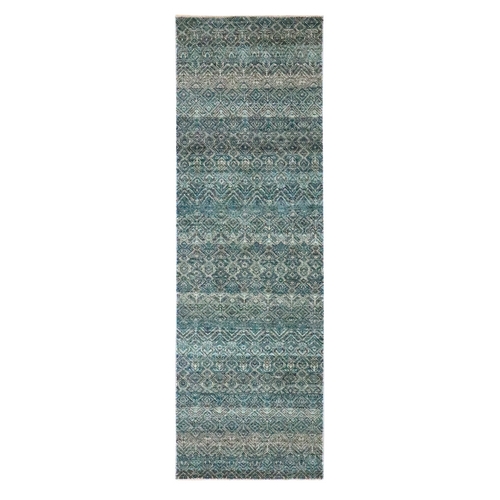 Sapphire Blue, Kohinoor Herat Pattern, Small Geometric Repetitive Diamond Design, Soft Wool, Tone On Tone, Hand Knotted, Runner, Oriental 