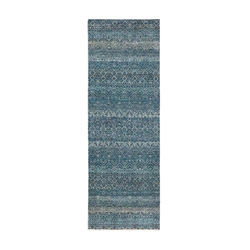 Pacific Blue, Kohinoor Herat with Small Geometric Repetitive Diamond Pattern, Soft Wool, Tone On Tone, Hand Knotted, Runner, Oriental 