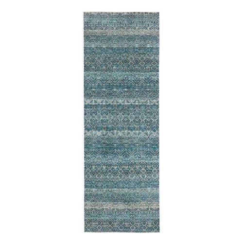 Teal Blue, Kohinoor Herat Pattern, Small Geometric Repetitive Diamond Design, Soft Pile, Pure Wool, Tone On Tone, Hand Knotted, Runner, Oriental 