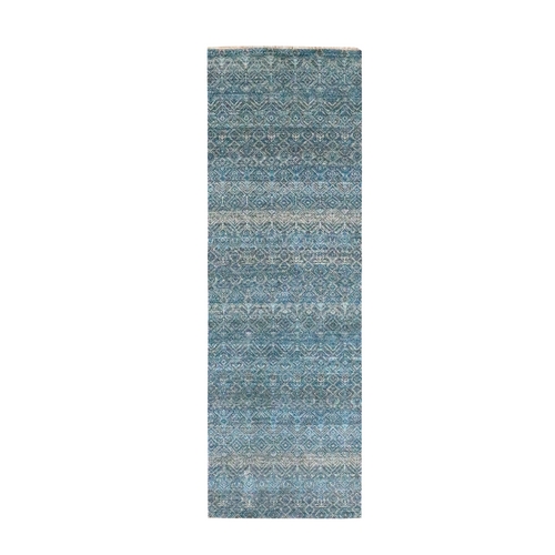 Pacific Blue, Hand Knotted, Kohinoor Herat Pattern, Small Geometric Repetitive Diamond Design, Soft Wool, Tone On Tone, Runner, Oriental 