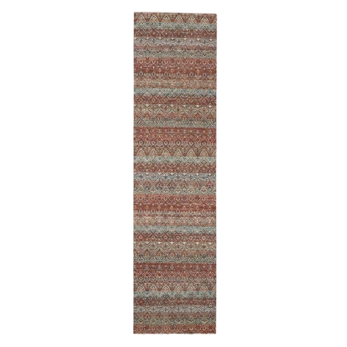 Chili Red, Kohinoor Herat with Small Geometric Repetitive Diamond Pattern, Soft and Shiny Wool, Tone On Tone, Hand Knotted, Runner, Oriental Rug