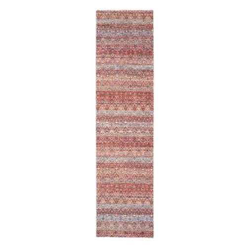 Chili Red, Kohinoor Herat with Small Geometric Repetitive Diamond Pattern, Tone on Tone, Soft and Shiny Wool, Hand Knotted, Runner, Oriental Rug