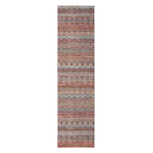 Summer Fig Red, Kohinoor Herat with Small Geometric Repetitive Diamond Pattern, Tone on Tone, Soft and Shiny Wool, Hand Knotted, Runner, Oriental Rug