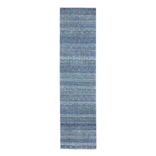 Yale Blue, Kohinoor Herat Pattern, Small Geometric Repetitive Diamond Design, Soft Wool, Tone On Tone, Hand Knotted, Runner, Oriental 