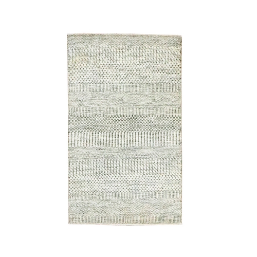Alabaster White, Hand Knotted, Modern Grass Design, Wool with touch of Silk, Tone on Tone, Lush and Plush, Mat, Oriental 