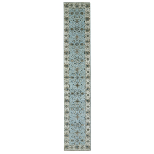 Reverie Blue With Casabianca White Border, Hand Knotted, Soft and Shiny Wool, Natural Dyes, Agra Shah Abbas With Flower Pattern and Leafy Vein, Densely Woven, Runner Oriental Rug