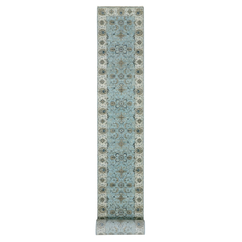 Cerulean Blue, Hand Knotted Natural Dyes, Pure Wool, Denser Weave, Shah Abbas XL Runner With Floral Design, Agra Oriental Rug