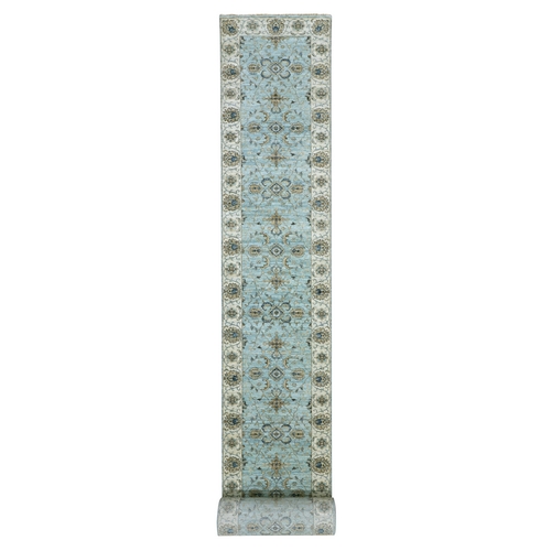 Tiffany Blue With Cornsilk White, Shiny Wool, Hand Knotted Vegetable Dyes, Shah Abbas Agra Floral Motifs, Densely Woven XL Runner Oriental 