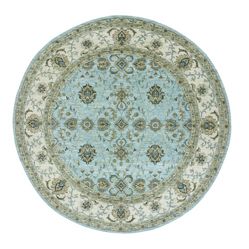 Uranian Blue and Linen White Border, Hand Knotted, Agra, Shah Abbas With Flower Design, Soft and Velvety Wool, Vegetable Dyes, Round Oriental Rug