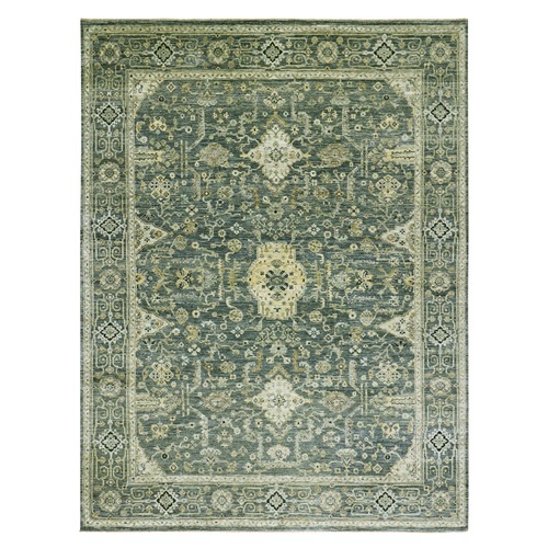 Jubilee Gray, Pure Wool, Denser Weave, Agra, Small Medallion with Oushak Design, Hand Knotted Natural Dyes, Oriental Rug