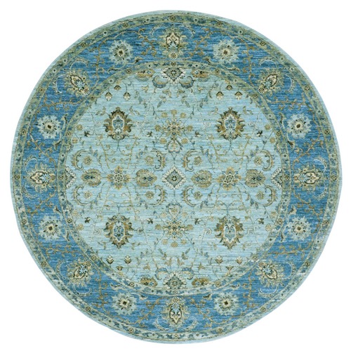 Beau Blue, Agra, Hand Knotted Vegetable Dyes With Shah Abbas All Over Floral Pattern, Densely Woven Natural Wool, Round Oriental 