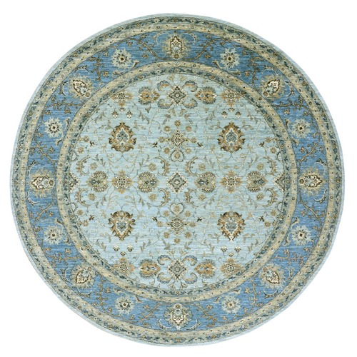 Blizzard Blue, Denser Weave Pure Wool, Agra Hand Knotted Shah Abbas Flower Lattice, Vegetable Dyes, Round Oriental Rug