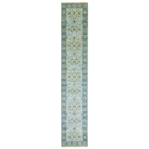 Arctic Blue, Organic Wool, Hand Knotted, Vegetable Dyes Denser Weave, Agra, Shah Abbas Floral Design, Runner Oriental Rug