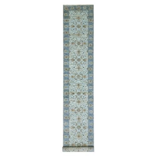 Cruise With True Blue Border, 100% Wool, Hand Knotted, Natural Dyes Denser Weave, Agra, Shah Abbas XL Runner With Floral Pattern, Oriental Rug