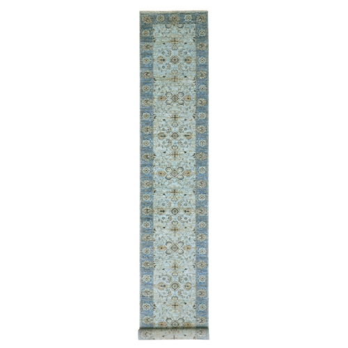 Aqua Frost Blue, Extra Soft Wool, Agra, Shah Abbas With Floral Motifs, Hand Knotted, Vegetable Dyes Denser Weave, Oriental XL Runner 