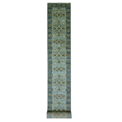 Light Turquoise Blue, Vibrant Soft Wool, Vegetable Dyes Agra With Shah Abbas Floral Design, Hand Knotted, Denser Weave, XL Runner Oriental Rug