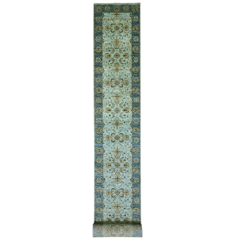 Celeste Blue, High Quality Wool, Natural Dyes, Shah Abbas Floral Vein Design, Hand Knotted, XL Runner Oriental Agra 