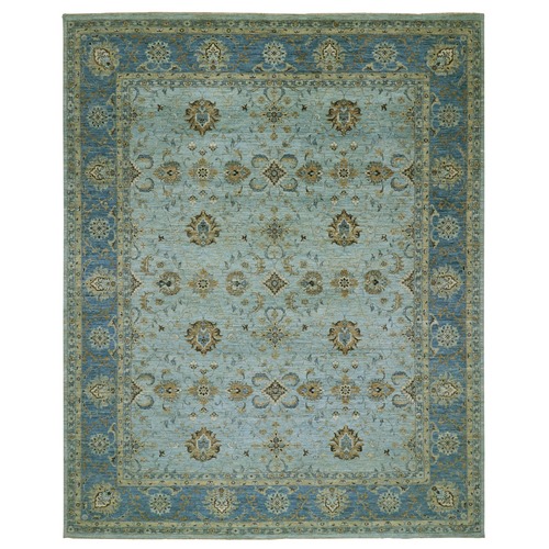 Iceberg Blue, Vegetable Dyes, Agra, Hand Knotted Soft Wool, Oversized Shah Abbas Flower Design, Oriental Rug