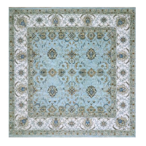 Sky Blue, Agra, Shah Abbas Flower Vines Design, Pure Wool, Hand Knotted, Natural Dyes, Denser Weave, Square, Oriental Rug