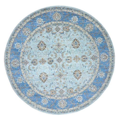 Light Cyan Blue, Agra, All Over Shah Abbas Flower Design, Veggie Dyes, Densely Woven, Natural Wool, Hand Knotted, Round, Oriental 