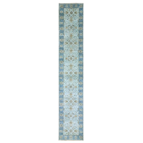 Light Cyan Blue, All Over Shah Abbas Flower Design, Vegetable Dyes, Denser Weave, Agra, Pure Wool, Hand Knotted, Runner, Oriental 