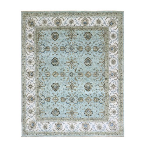 Morning Blue, Veggie Dyes, Agra, Shah Abbas Flower Vines Design, Hand Knotted, Natural Wool, Denser Weave, Oriental Rug