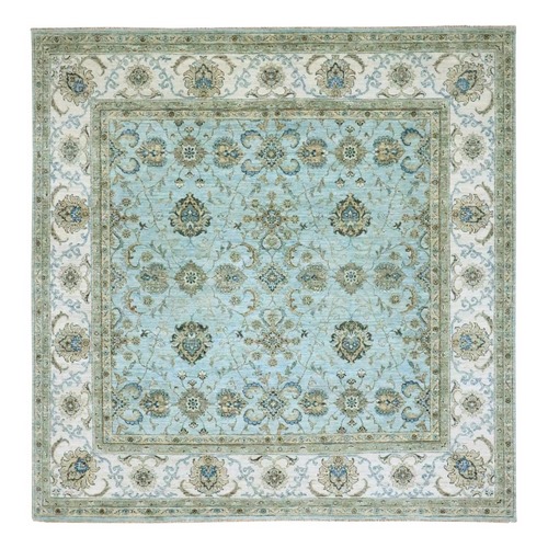 Crystal Blue, Agra, Shah Abbas Flower Vines Design, Luxurious Wool, Denser Weave, Vegetable Dyes, Hand Knotted, Square, Oriental Rug