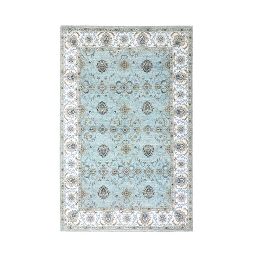 Baby Blue, Hand Knotted, Agra, Shah Abbas Flower Vines Design, Pure Wool, Veggie Dyes, Denser Weave, Oriental Rug