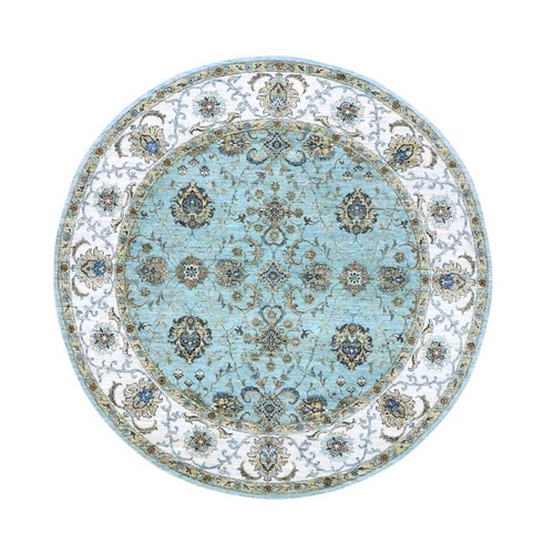 Crystal Blue, Natural Dyes, Agra, Shah Abbas Flower Vines Design, Hand Knotted, Luxurious Wool, Denser Weave, Round, Oriental Rug