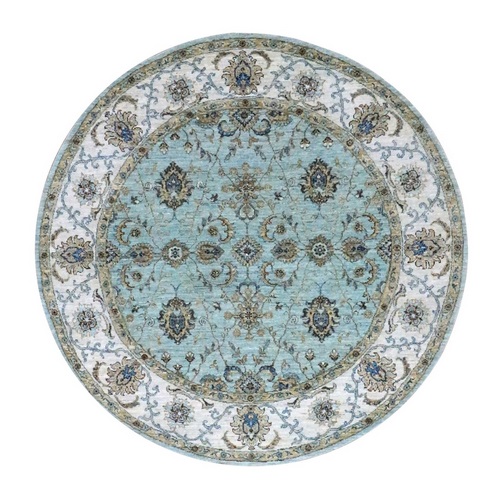 Cerulean Blue, Hand Knotted, Agra, Shah Abbas Flower Vines Design, Vegetable Dyes, Luxurious Wool, Denser Weave, Round, Oriental Rug