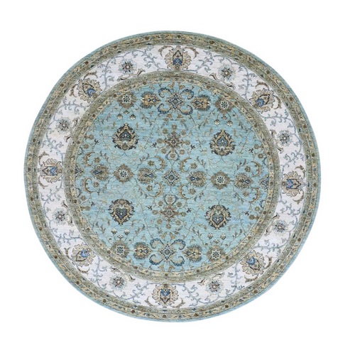 Crystal Blue, Agra, Shah Abbas Flower Vines Design, Hand Knotted, Pure Wool, Natural Dyes, Denser Weave, Round, Oriental Rug