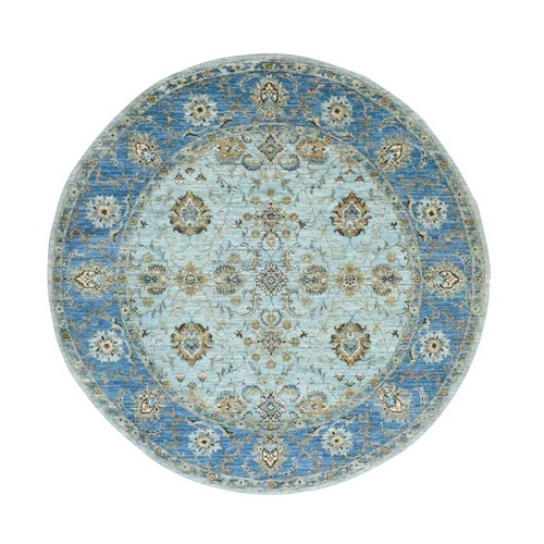 Powder Blue, Denser Weave, Agra, All Over Shah Abbas Flower Design, Vegetable Dyes, Pure Wool, Hand Knotted, Round, Oriental 