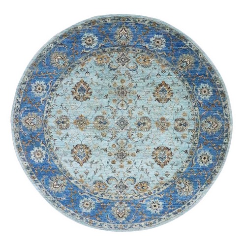 Arctic Blue, All Over Shah Abbas Flower Design, Natural Dyes, Densely Woven, Agra, Pure Wool, Hand Knotted, Round, Oriental 