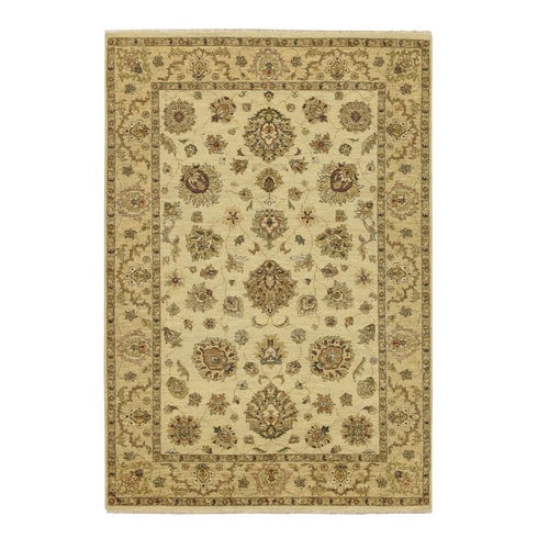 Beige, Hand Knotted, Agra with Ziegler Design, Colorful Leaf Pattern, Pure Wool, Zero Pile, Oriental 