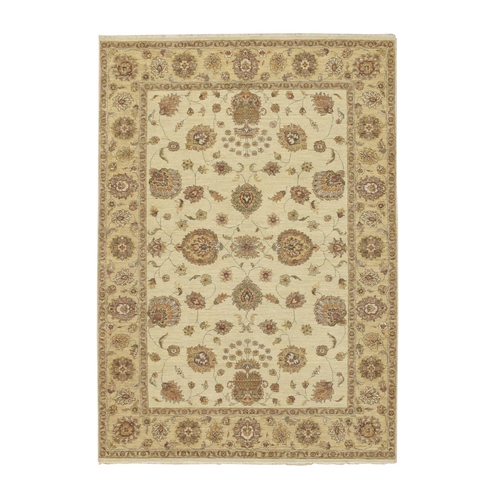 Bone White, Agra with Ziegler Design, Colorful Leaf Pattern, Hand Knotted, Pure Wool, Zero Pile, Oriental Rug