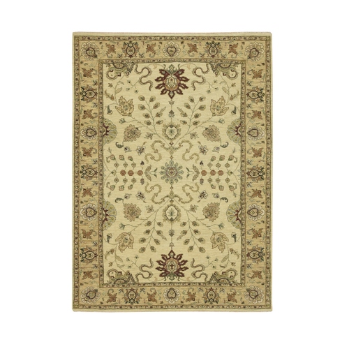 Parchment White, Agra with Ziegler Design, Colorful Leaf Pattern, Hand Knotted, Vegetable Dyes, Zero Pile, Pure Wool, Oriental 
